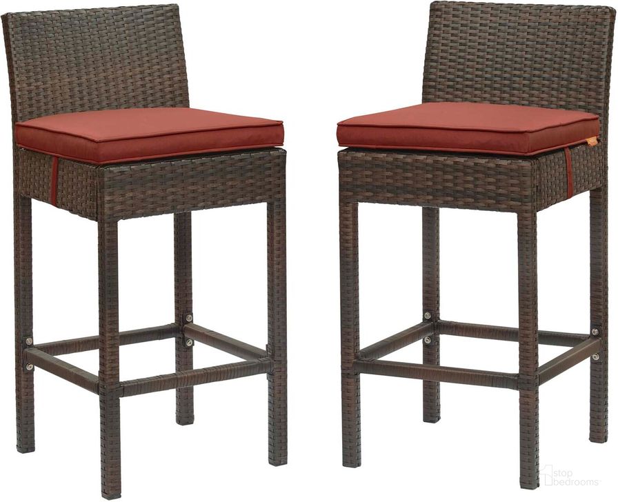 The appearance of Conduit Brown Currant Bar Stool Outdoor Patio Wicker Rattan Set of 2 designed by Modway in the modern / contemporary interior design. This brown currant piece of furniture  was selected by 1StopBedrooms from Conduit Collection to add a touch of cosiness and style into your home. Sku: EEI-3603-BRN-CUR. Product Type: Outdoor Bar Furniture. Material: Aluminium. Image1