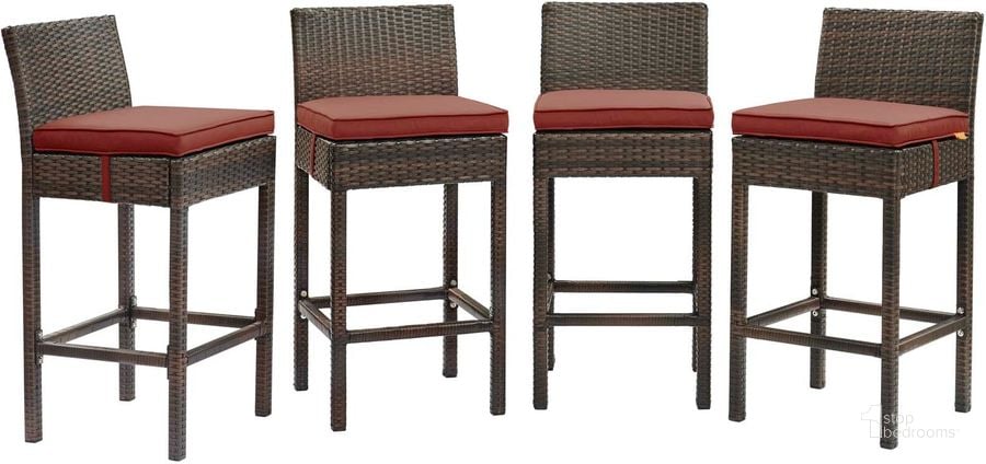 The appearance of Conduit Brown Currant Bar Stool Outdoor Patio Wicker Rattan Set of 4 EEI-3601-BRN-CUR designed by Modway in the modern / contemporary interior design. This brown currant piece of furniture  was selected by 1StopBedrooms from Conduit Collection to add a touch of cosiness and style into your home. Sku: EEI-3601-BRN-CUR. Product Type: Outdoor Bar Furniture. Material: Aluminium. Image1
