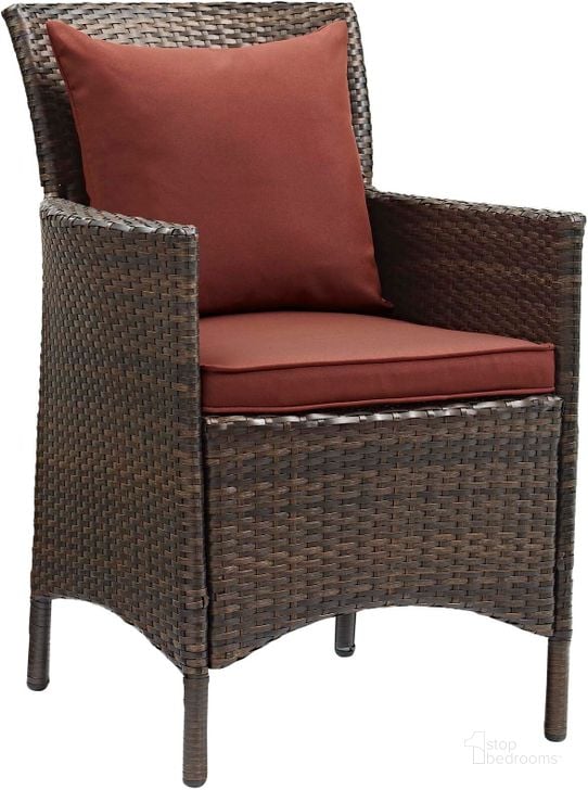 The appearance of Conduit Brown Currant Outdoor Patio Wicker Rattan Dining Arm Chair EEI-2801-BRN-CUR designed by Modway in the modern / contemporary interior design. This brown currant piece of furniture  was selected by 1StopBedrooms from Conduit Collection to add a touch of cosiness and style into your home. Sku: EEI-2801-BRN-CUR. Material: Rattan. Product Type: Outdoor Dining Chair. Image1