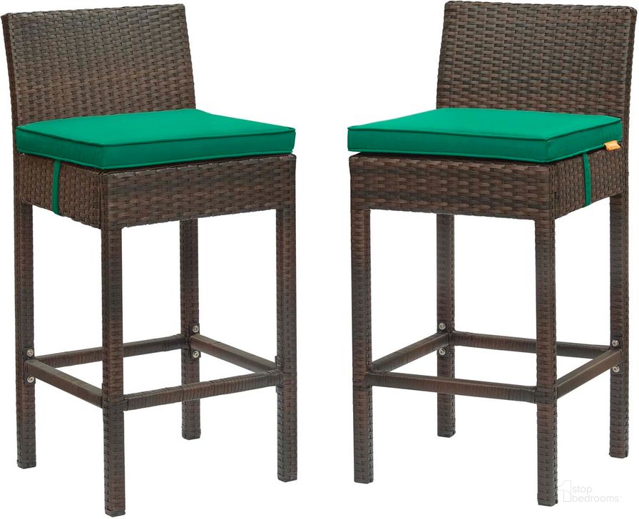 The appearance of Conduit Brown Green Bar Stool Outdoor Patio Wicker Rattan Set of 2 designed by Modway in the modern / contemporary interior design. This brown green piece of furniture  was selected by 1StopBedrooms from Conduit Collection to add a touch of cosiness and style into your home. Sku: EEI-3603-BRN-GRN. Product Type: Outdoor Bar Furniture. Material: Aluminium. Image1