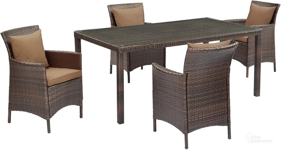 The appearance of Conduit Brown Mocha 5 Piece Outdoor Patio Wicker Rattan Set EEI-3892-BRN-MOC-SET designed by Modway in the modern / contemporary interior design. This brown mocha piece of furniture  was selected by 1StopBedrooms from Conduit Collection to add a touch of cosiness and style into your home. Sku: EEI-3892-BRN-MOC-SET. Material: Rattan. Product Type: Outdoor Conversation Set. Image1