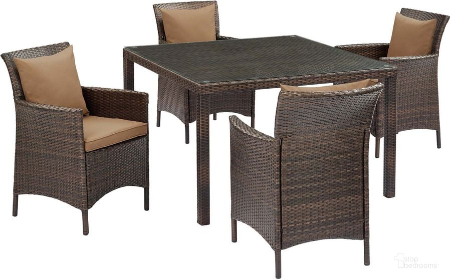 The appearance of Conduit Brown Mocha 5 Piece Outdoor Patio Wicker Rattan Set EEI-3893-BRN-MOC-SET designed by Modway in the modern / contemporary interior design. This brown mocha piece of furniture  was selected by 1StopBedrooms from Conduit Collection to add a touch of cosiness and style into your home. Sku: EEI-3893-BRN-MOC-SET. Material: Rattan. Product Type: Outdoor Conversation Set. Image1