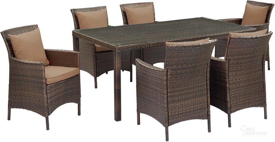 The appearance of Conduit Brown Mocha 7 Piece Outdoor Patio Wicker Rattan Dining Set designed by Modway in the modern / contemporary interior design. This brown mocha piece of furniture  was selected by 1StopBedrooms from Conduit Collection to add a touch of cosiness and style into your home. Sku: EEI-4032-BRN-MOC-SET. Table Base Style: Legs. Material: Rattan. Table Top Shape: Rectangular. Product Type: Outdoor Dining Set. Image1