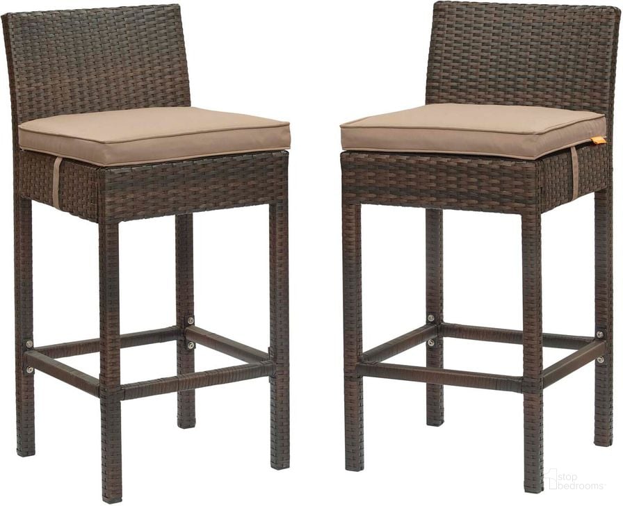 The appearance of Conduit Brown Mocha Bar Stool Outdoor Patio Wicker Rattan Set of 2 designed by Modway in the modern / contemporary interior design. This brown mocha piece of furniture  was selected by 1StopBedrooms from Conduit Collection to add a touch of cosiness and style into your home. Sku: EEI-3603-BRN-MOC. Product Type: Outdoor Bar Furniture. Material: Aluminium. Image1