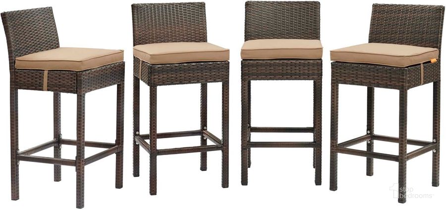 The appearance of Conduit Brown Mocha Bar Stool Outdoor Patio Wicker Rattan Set of 4 EEI-3601-BRN-MOC designed by Modway in the modern / contemporary interior design. This brown mocha piece of furniture  was selected by 1StopBedrooms from Conduit Collection to add a touch of cosiness and style into your home. Sku: EEI-3601-BRN-MOC. Product Type: Outdoor Bar Furniture. Material: Aluminium. Image1