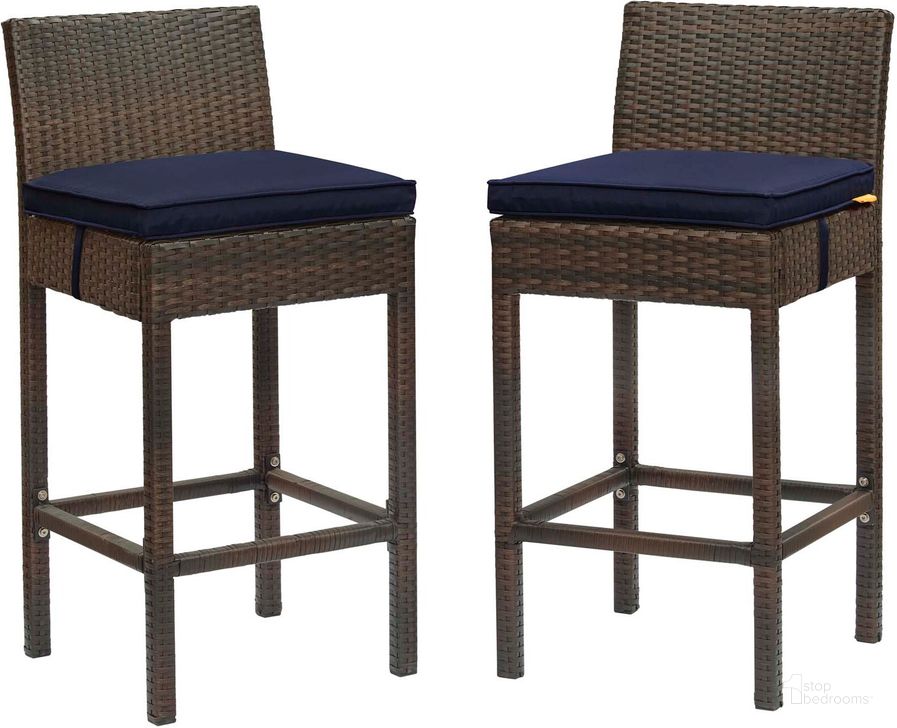 The appearance of Conduit Brown Navy Bar Stool Outdoor Patio Wicker Rattan Set of 2 designed by Modway in the modern / contemporary interior design. This brown navy piece of furniture  was selected by 1StopBedrooms from Conduit Collection to add a touch of cosiness and style into your home. Sku: EEI-3603-BRN-NAV. Product Type: Outdoor Bar Furniture. Material: Aluminium. Image1