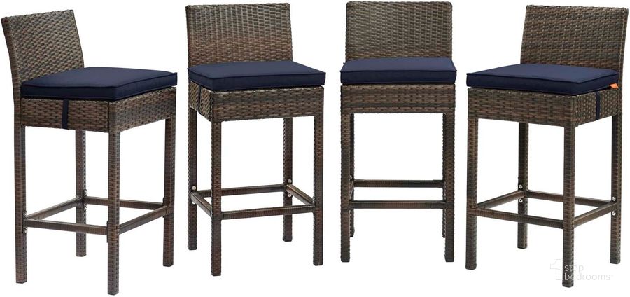 The appearance of Conduit Brown Navy Bar Stool Outdoor Patio Wicker Rattan Set of 4 EEI-3601-BRN-NAV designed by Modway in the modern / contemporary interior design. This brown navy piece of furniture  was selected by 1StopBedrooms from Conduit Collection to add a touch of cosiness and style into your home. Sku: EEI-3601-BRN-NAV. Product Type: Outdoor Bar Furniture. Material: Aluminium. Image1