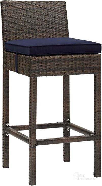 The appearance of Conduit Brown Navy Outdoor Patio Wicker Rattan Bar Stool designed by Modway in the modern / contemporary interior design. This brown navy piece of furniture  was selected by 1StopBedrooms from Conduit Collection to add a touch of cosiness and style into your home. Sku: EEI-2799-BRN-NAV. Product Type: Outdoor Bar Furniture. Material: Aluminium. Image1
