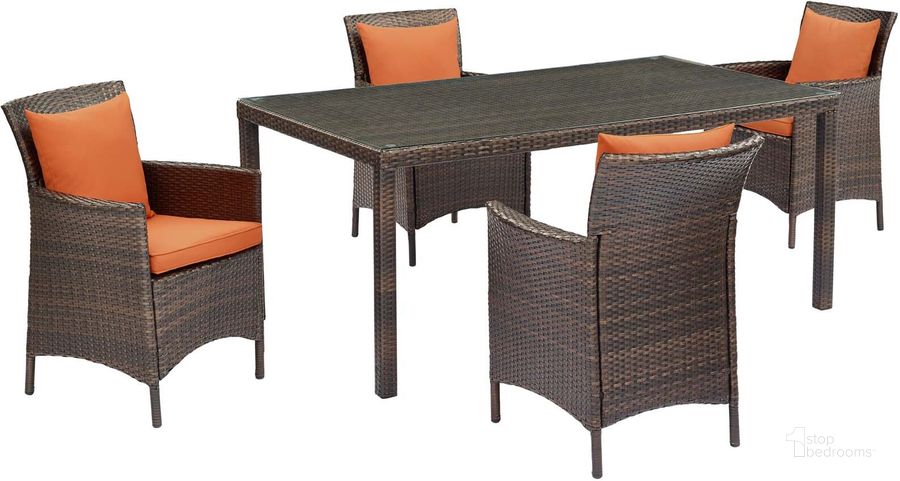 The appearance of Conduit Brown Orange 5 Piece Outdoor Patio Wicker Rattan Set EEI-3892-BRN-ORA-SET designed by Modway in the modern / contemporary interior design. This brown orange piece of furniture  was selected by 1StopBedrooms from Conduit Collection to add a touch of cosiness and style into your home. Sku: EEI-3892-BRN-ORA-SET. Material: Rattan. Product Type: Outdoor Conversation Set. Image1