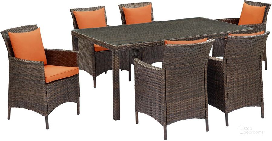 The appearance of Conduit Brown Orange 7 Piece Outdoor Patio Wicker Rattan Dining Set designed by Modway in the modern / contemporary interior design. This brown orange piece of furniture  was selected by 1StopBedrooms from Conduit Collection to add a touch of cosiness and style into your home. Sku: EEI-4032-BRN-ORA-SET. Table Base Style: Legs. Material: Rattan. Table Top Shape: Rectangular. Product Type: Outdoor Dining Set. Image1