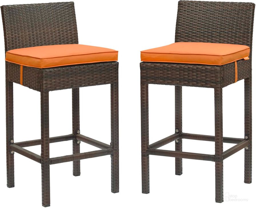 The appearance of Conduit Brown Orange Bar Stool Outdoor Patio Wicker Rattan Set of 2 designed by Modway in the modern / contemporary interior design. This brown orange piece of furniture  was selected by 1StopBedrooms from Conduit Collection to add a touch of cosiness and style into your home. Sku: EEI-3603-BRN-ORA. Product Type: Outdoor Bar Furniture. Material: Aluminium. Image1