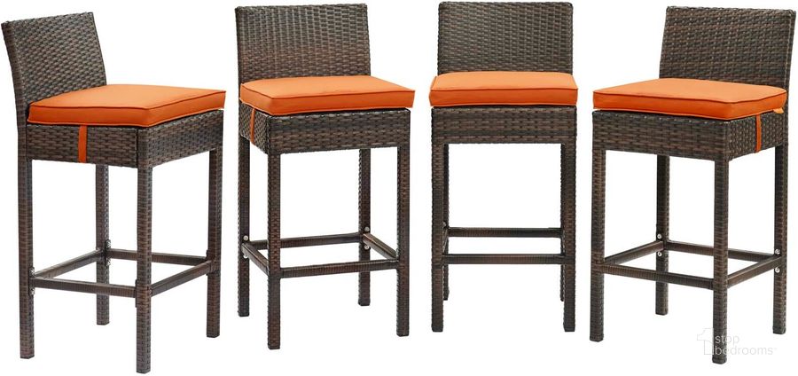 The appearance of Conduit Brown Orange Bar Stool Outdoor Patio Wicker Rattan Set of 4 EEI-3601-BRN-ORA designed by Modway in the modern / contemporary interior design. This brown orange piece of furniture  was selected by 1StopBedrooms from Conduit Collection to add a touch of cosiness and style into your home. Sku: EEI-3601-BRN-ORA. Product Type: Outdoor Bar Furniture. Material: Aluminium. Image1