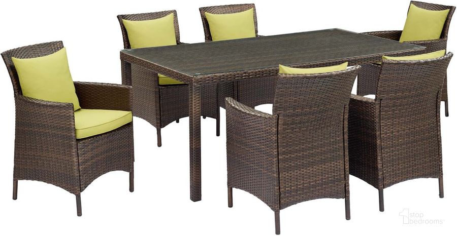 The appearance of Conduit Brown Peridot 7 Piece Outdoor Patio Wicker Rattan Dining Set designed by Modway in the modern / contemporary interior design. This brown peridot piece of furniture  was selected by 1StopBedrooms from Conduit Collection to add a touch of cosiness and style into your home. Sku: EEI-4032-BRN-PER-SET. Table Base Style: Legs. Material: Rattan. Table Top Shape: Rectangular. Product Type: Outdoor Dining Set. Image1