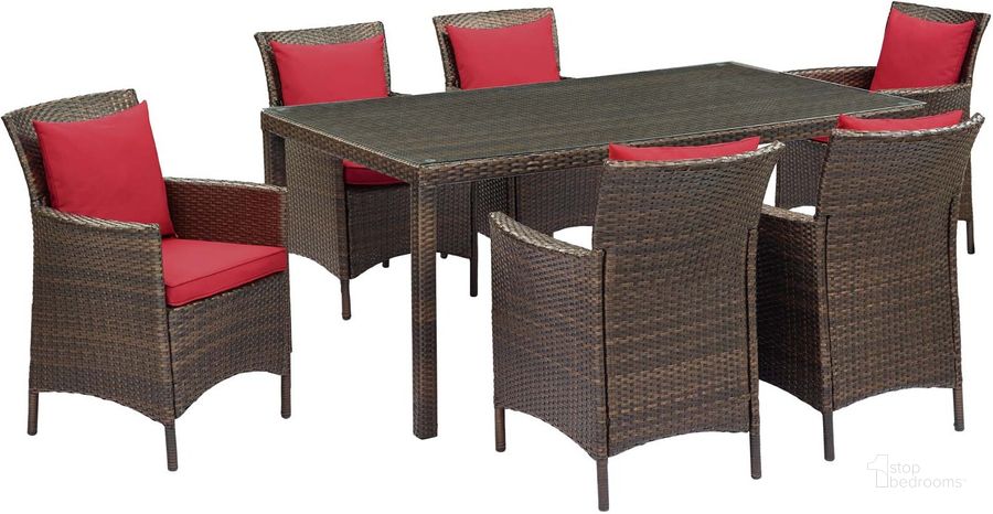 The appearance of Conduit Brown Red 7 Piece Outdoor Patio Wicker Rattan Dining Set designed by Modway in the modern / contemporary interior design. This brown red piece of furniture  was selected by 1StopBedrooms from Conduit Collection to add a touch of cosiness and style into your home. Sku: EEI-4032-BRN-RED-SET. Table Base Style: Legs. Material: Rattan. Table Top Shape: Rectangular. Product Type: Outdoor Dining Set. Image1