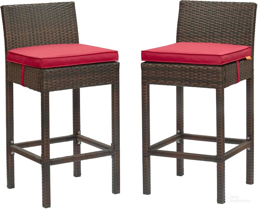 The appearance of Conduit Brown Red Bar Stool Outdoor Patio Wicker Rattan Set of 2 designed by Modway in the modern / contemporary interior design. This brown red piece of furniture  was selected by 1StopBedrooms from Conduit Collection to add a touch of cosiness and style into your home. Sku: EEI-3603-BRN-RED. Product Type: Outdoor Bar Furniture. Material: Aluminium. Image1