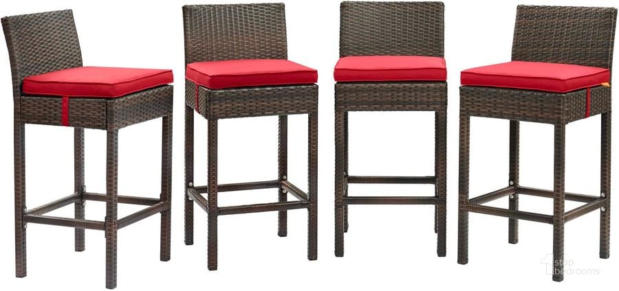 The appearance of Conduit Brown Red Bar Stool Outdoor Patio Wicker Rattan Set of 4 designed by Modway in the modern / contemporary interior design. This brown red piece of furniture  was selected by 1StopBedrooms from Conduit Collection to add a touch of cosiness and style into your home. Sku: EEI-3601-BRN-RED. Product Type: Outdoor Bar Furniture. Material: Aluminium. Image1