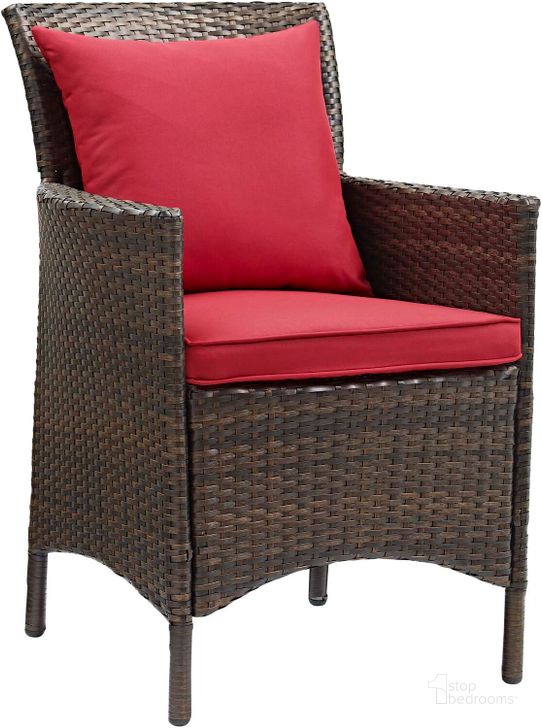 The appearance of Conduit Brown Red Outdoor Patio Wicker Rattan Dining Arm Chair designed by Modway in the modern / contemporary interior design. This brown red piece of furniture  was selected by 1StopBedrooms from Conduit Collection to add a touch of cosiness and style into your home. Sku: EEI-2801-BRN-RED. Material: Rattan. Product Type: Outdoor Dining Chair. Image1