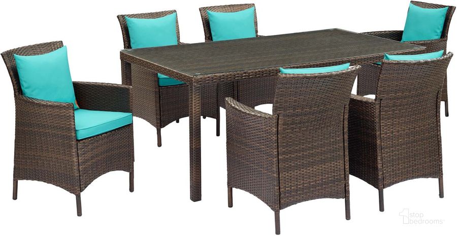 The appearance of Conduit Brown Turquoise 7 Piece Outdoor Patio Wicker Rattan Dining Set designed by Modway in the modern / contemporary interior design. This brown turquoise piece of furniture  was selected by 1StopBedrooms from Conduit Collection to add a touch of cosiness and style into your home. Sku: EEI-4032-BRN-TRQ-SET. Table Base Style: Legs. Material: Rattan. Table Top Shape: Rectangular. Product Type: Outdoor Dining Set. Image1