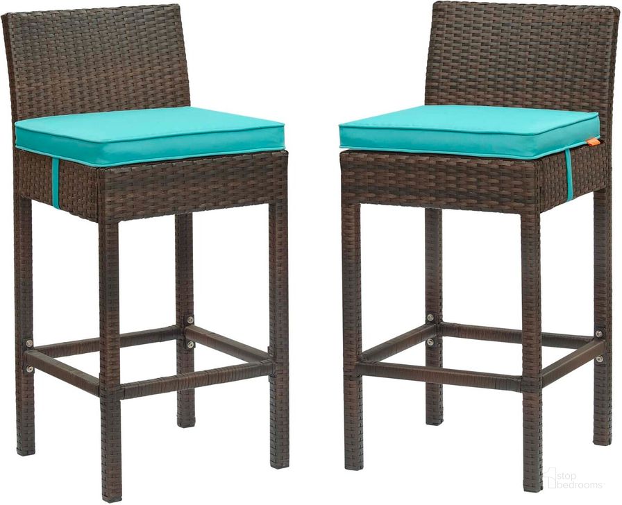 The appearance of Conduit Brown Turquoise Bar Stool Outdoor Patio Wicker Rattan Set of 2 designed by Modway in the modern / contemporary interior design. This brown turquoise piece of furniture  was selected by 1StopBedrooms from Conduit Collection to add a touch of cosiness and style into your home. Sku: EEI-3603-BRN-TRQ. Product Type: Outdoor Bar Furniture. Material: Aluminium. Image1