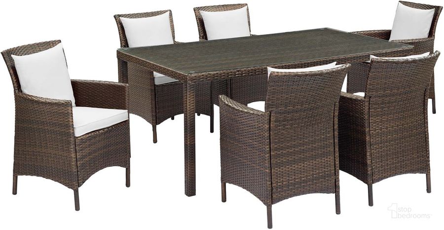 The appearance of Conduit Brown White 7 Piece Outdoor Patio Wicker Rattan Dining Set designed by Modway in the modern / contemporary interior design. This brown white piece of furniture  was selected by 1StopBedrooms from Conduit Collection to add a touch of cosiness and style into your home. Sku: EEI-4032-BRN-WHI-SET. Table Base Style: Legs. Material: Rattan. Table Top Shape: Rectangular. Product Type: Outdoor Dining Set. Image1