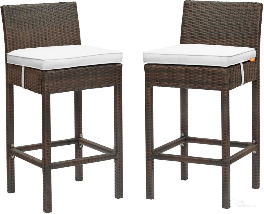 The appearance of Conduit Brown White Bar Stool Outdoor Patio Wicker Rattan Set of 2 designed by Modway in the modern / contemporary interior design. This brown white piece of furniture  was selected by 1StopBedrooms from Conduit Collection to add a touch of cosiness and style into your home. Sku: EEI-3603-BRN-WHI. Product Type: Outdoor Bar Furniture. Material: Aluminium. Image1