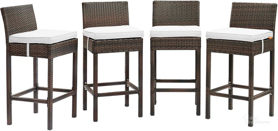 The appearance of Conduit Brown White Bar Stool Outdoor Patio Wicker Rattan Set of 4 designed by Modway in the modern / contemporary interior design. This brown white piece of furniture  was selected by 1StopBedrooms from Conduit Collection to add a touch of cosiness and style into your home. Sku: EEI-3601-BRN-WHI. Product Type: Outdoor Bar Furniture. Material: Aluminium. Image1
