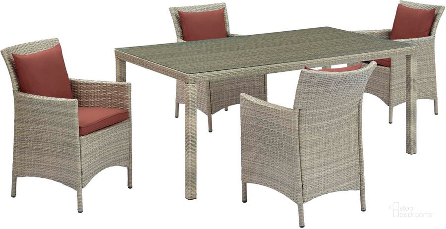 The appearance of Conduit Light Gray 5 Piece Outdoor Patio Wicker Rattan Dining Set EEI-3894-LGR-CUR-SET designed by Modway in the modern / contemporary interior design. This light gray piece of furniture  was selected by 1StopBedrooms from Conduit Collection to add a touch of cosiness and style into your home. Sku: EEI-3894-LGR-CUR-SET. Table Base Style: Legs. Material: Rattan. Table Top Shape: Rectangular. Product Type: Outdoor Dining Set. Image1