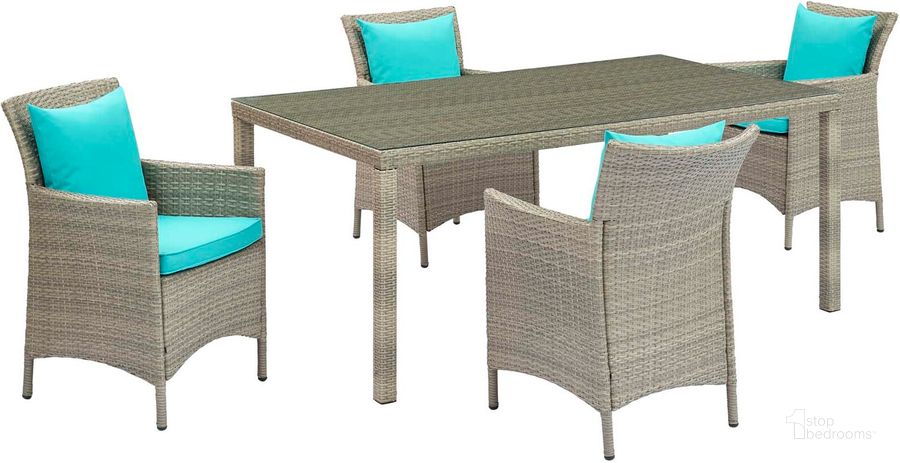 The appearance of Conduit Light Gray 5 Piece Outdoor Patio Wicker Rattan Dining Set EEI-3894-LGR-TRQ-SET designed by Modway in the modern / contemporary interior design. This gray turquoise piece of furniture  was selected by 1StopBedrooms from Conduit Collection to add a touch of cosiness and style into your home. Sku: EEI-3894-LGR-TRQ-SET. Table Base Style: Legs. Material: Rattan. Table Top Shape: Rectangular. Product Type: Outdoor Dining Set. Image1