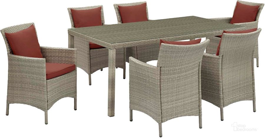 The appearance of Conduit Light Gray 7 Piece Outdoor Patio Wicker Rattan Dining Set EEI-4015-LGR-CUR-SET designed by Modway in the modern / contemporary interior design. This light gray piece of furniture  was selected by 1StopBedrooms from Conduit Collection to add a touch of cosiness and style into your home. Sku: EEI-4015-LGR-CUR-SET. Table Base Style: Legs. Material: Rattan. Table Top Shape: Rectangular. Product Type: Outdoor Dining Set. Image1