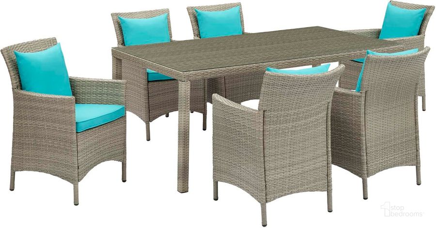 The appearance of Conduit Light Gray 7 Piece Outdoor Patio Wicker Rattan Dining Set EEI-4015-LGR-TRQ-SET designed by Modway in the modern / contemporary interior design. This gray turquoise piece of furniture  was selected by 1StopBedrooms from Conduit Collection to add a touch of cosiness and style into your home. Sku: EEI-4015-LGR-TRQ-SET. Table Base Style: Legs. Material: Rattan. Table Top Shape: Rectangular. Product Type: Outdoor Dining Set. Image1