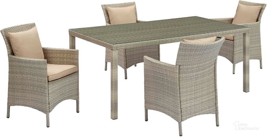 The appearance of Conduit Light Gray Beige 5 Piece Outdoor Patio Wicker Rattan Dining Set designed by Modway in the modern / contemporary interior design. This light gray beige piece of furniture  was selected by 1StopBedrooms from Conduit Collection to add a touch of cosiness and style into your home. Sku: EEI-3894-LGR-BEI-SET. Table Base Style: Legs. Material: Rattan. Table Top Shape: Rectangular. Product Type: Outdoor Dining Set. Image1