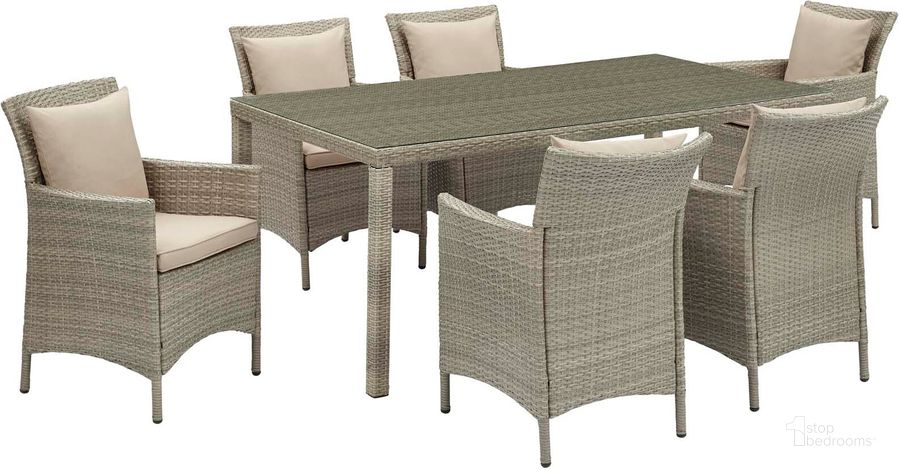The appearance of Conduit Light Gray Beige 7 Piece Outdoor Patio Wicker Rattan Dining Set designed by Modway in the modern / contemporary interior design. This light gray beige piece of furniture  was selected by 1StopBedrooms from Conduit Collection to add a touch of cosiness and style into your home. Sku: EEI-4015-LGR-BEI-SET. Table Base Style: Legs. Material: Rattan. Table Top Shape: Rectangular. Product Type: Outdoor Dining Set. Image1