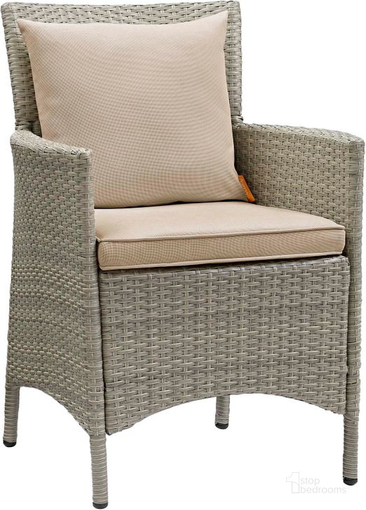 The appearance of Conduit Light Gray Beige Outdoor Patio Wicker Rattan Dining Arm Chair designed by Modway in the modern / contemporary interior design. This light gray beige piece of furniture  was selected by 1StopBedrooms from Conduit Collection to add a touch of cosiness and style into your home. Sku: EEI-2802-LGR-BEI. Material: Aluminium. Product Type: Outdoor Dining Chair. Image1