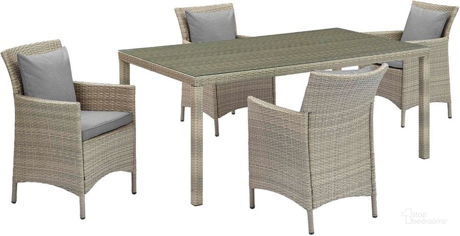 The appearance of Conduit Light Gray Gray 5 Piece Outdoor Patio Wicker Rattan Dining Set designed by Modway in the modern / contemporary interior design. This light gray gray piece of furniture  was selected by 1StopBedrooms from Conduit Collection to add a touch of cosiness and style into your home. Sku: EEI-3894-LGR-GRY-SET. Table Base Style: Legs. Material: Rattan. Table Top Shape: Rectangular. Product Type: Outdoor Dining Set. Image1