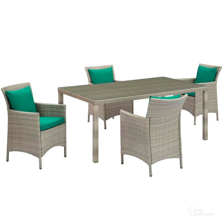 The appearance of Conduit 5-Piece Outdoor Patio Wicker Rattan Dining Set In Light Gray Green designed by Modway in the modern / contemporary interior design. This light gray green piece of furniture  was selected by 1StopBedrooms from Conduit Collection to add a touch of cosiness and style into your home. Sku: EEI-3894-LGR-GRN-SET. Material: Rattan. Product Type: Outdoor Dining Set. Image1