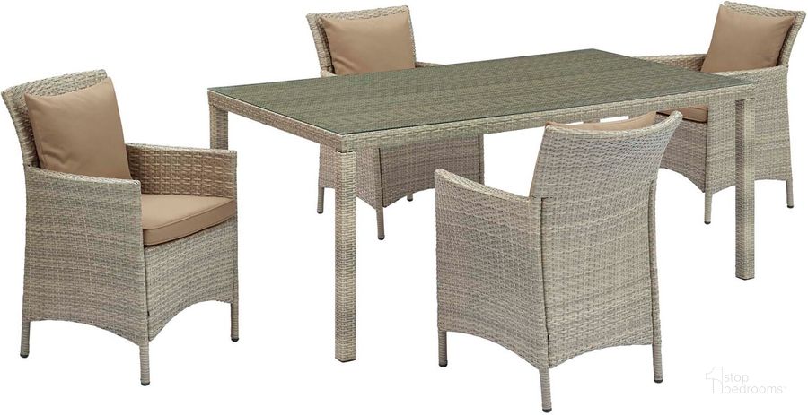 The appearance of Conduit Light Gray Mocha 5 Piece Outdoor Patio Wicker Rattan Dining Set designed by Modway in the modern / contemporary interior design. This light gray mocha piece of furniture  was selected by 1StopBedrooms from Conduit Collection to add a touch of cosiness and style into your home. Sku: EEI-3894-LGR-MOC-SET. Table Base Style: Legs. Material: Rattan. Table Top Shape: Rectangular. Product Type: Outdoor Dining Set. Image1
