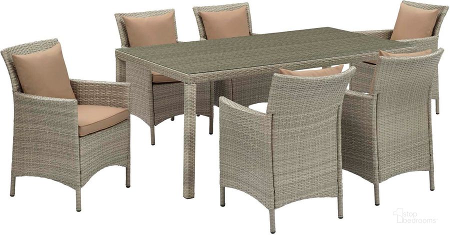 The appearance of Conduit Light Gray Mocha 7 Piece Outdoor Patio Wicker Rattan Dining Set designed by Modway in the modern / contemporary interior design. This light gray mocha piece of furniture  was selected by 1StopBedrooms from Conduit Collection to add a touch of cosiness and style into your home. Sku: EEI-4015-LGR-MOC-SET. Table Base Style: Legs. Material: Rattan. Table Top Shape: Rectangular. Product Type: Outdoor Dining Set. Image1
