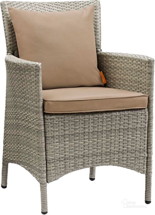 The appearance of Conduit Light Gray Mocha Outdoor Patio Wicker Rattan Dining Arm Chair designed by Modway in the modern / contemporary interior design. This light gray mocha piece of furniture  was selected by 1StopBedrooms from Conduit Collection to add a touch of cosiness and style into your home. Sku: EEI-2802-LGR-MOC. Material: Aluminium. Product Type: Outdoor Dining Chair. Image1