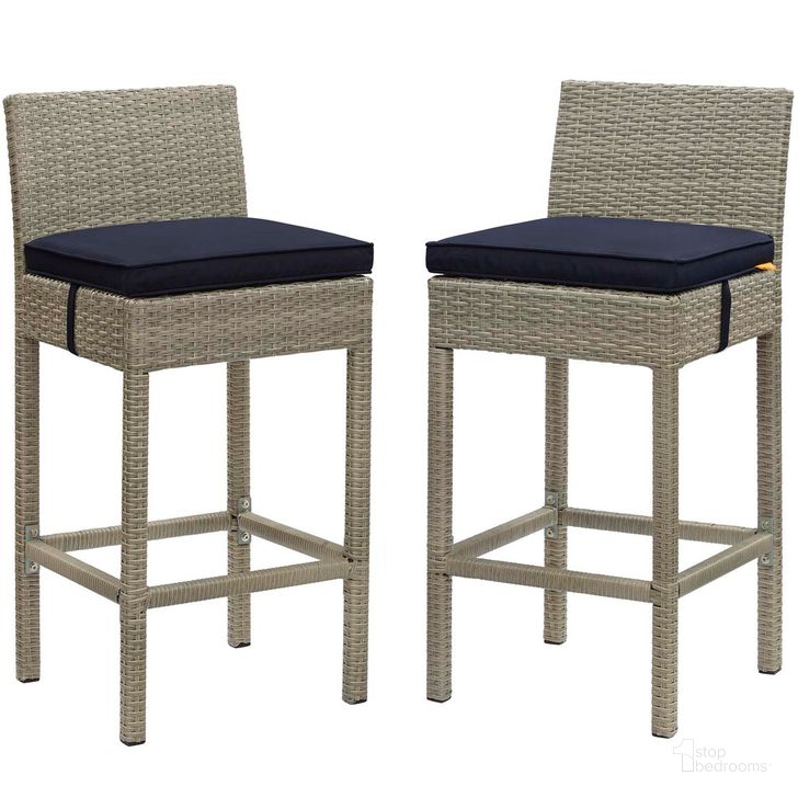 The appearance of Conduit Bar Stool Outdoor Patio Wicker Rattan Set of 2 In Light Gray Navy designed by Modway in the modern / contemporary interior design. This light gray navy piece of furniture  was selected by 1StopBedrooms from Conduit Collection to add a touch of cosiness and style into your home. Sku: EEI-3604-LGR-NAV. Material: Rattan. Product Type: Outdoor Bar Furniture. Image1
