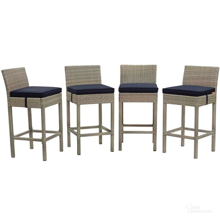 The appearance of Conduit Bar Stool Outdoor Patio Wicker Rattan Set of 4 In Light Gray Navy designed by Modway in the modern / contemporary interior design. This light gray navy piece of furniture  was selected by 1StopBedrooms from Conduit Collection to add a touch of cosiness and style into your home. Sku: EEI-3602-LGR-NAV. Material: Rattan. Product Type: Outdoor Bar Furniture. Image1