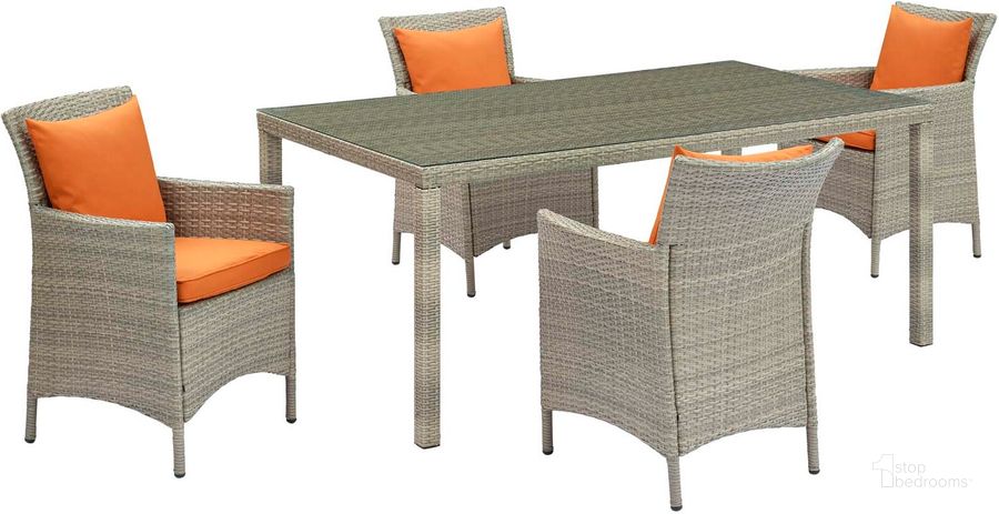 The appearance of Conduit Light Gray Orange 5 Piece Outdoor Patio Wicker Rattan Dining Set designed by Modway in the modern / contemporary interior design. This light gray orange piece of furniture  was selected by 1StopBedrooms from Conduit Collection to add a touch of cosiness and style into your home. Sku: EEI-3894-LGR-ORA-SET. Table Base Style: Legs. Material: Rattan. Table Top Shape: Rectangular. Product Type: Outdoor Dining Set. Image1