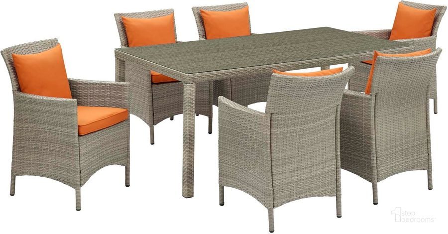 The appearance of Conduit Light Gray Orange 7 Piece Outdoor Patio Wicker Rattan Dining Set designed by Modway in the modern / contemporary interior design. This light gray orange piece of furniture  was selected by 1StopBedrooms from Conduit Collection to add a touch of cosiness and style into your home. Sku: EEI-4015-LGR-ORA-SET. Table Base Style: Legs. Material: Rattan. Table Top Shape: Rectangular. Product Type: Outdoor Dining Set. Image1