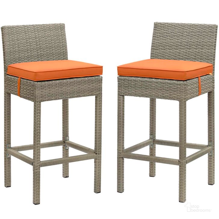 The appearance of Conduit Bar Stool Outdoor Patio Wicker Rattan Set of 2 In Light Gray Orange designed by Modway in the modern / contemporary interior design. This light gray orange piece of furniture  was selected by 1StopBedrooms from Conduit Collection to add a touch of cosiness and style into your home. Sku: EEI-3604-LGR-ORA. Material: Rattan. Product Type: Outdoor Bar Furniture. Image1