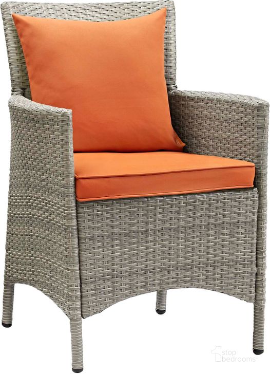 The appearance of Conduit Light Gray Orange Outdoor Patio Wicker Rattan Dining Arm Chair designed by Modway in the modern / contemporary interior design. This light gray orange piece of furniture  was selected by 1StopBedrooms from Conduit Collection to add a touch of cosiness and style into your home. Sku: EEI-2802-LGR-ORA. Material: Aluminium. Product Type: Outdoor Dining Chair. Image1