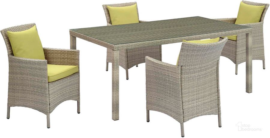 The appearance of Conduit Light Gray Peridot 5 Piece Outdoor Patio Wicker Rattan Dining Set designed by Modway in the modern / contemporary interior design. This light gray peridot piece of furniture  was selected by 1StopBedrooms from Conduit Collection to add a touch of cosiness and style into your home. Sku: EEI-3894-LGR-PER-SET. Table Base Style: Legs. Material: Rattan. Table Top Shape: Rectangular. Product Type: Outdoor Dining Set. Image1