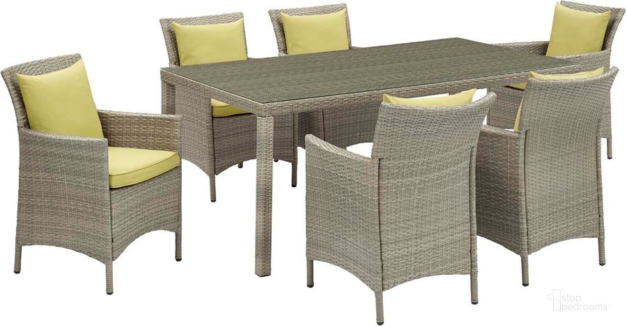 The appearance of Conduit Light Gray Peridot 7 Piece Outdoor Patio Wicker Rattan Dining Set designed by Modway in the modern / contemporary interior design. This light gray peridot piece of furniture  was selected by 1StopBedrooms from Conduit Collection to add a touch of cosiness and style into your home. Sku: EEI-4015-LGR-PER-SET. Table Base Style: Legs. Material: Rattan. Table Top Shape: Rectangular. Product Type: Outdoor Dining Set. Image1