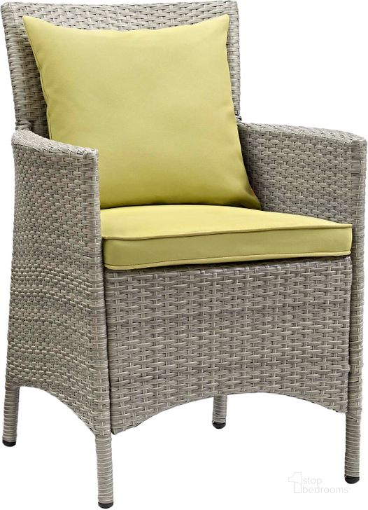 The appearance of Conduit Light Gray Peridot Outdoor Patio Wicker Rattan Dining Arm Chair designed by Modway in the modern / contemporary interior design. This light gray peridot piece of furniture  was selected by 1StopBedrooms from Conduit Collection to add a touch of cosiness and style into your home. Sku: EEI-2802-LGR-PER. Material: Aluminium. Product Type: Outdoor Dining Chair. Image1