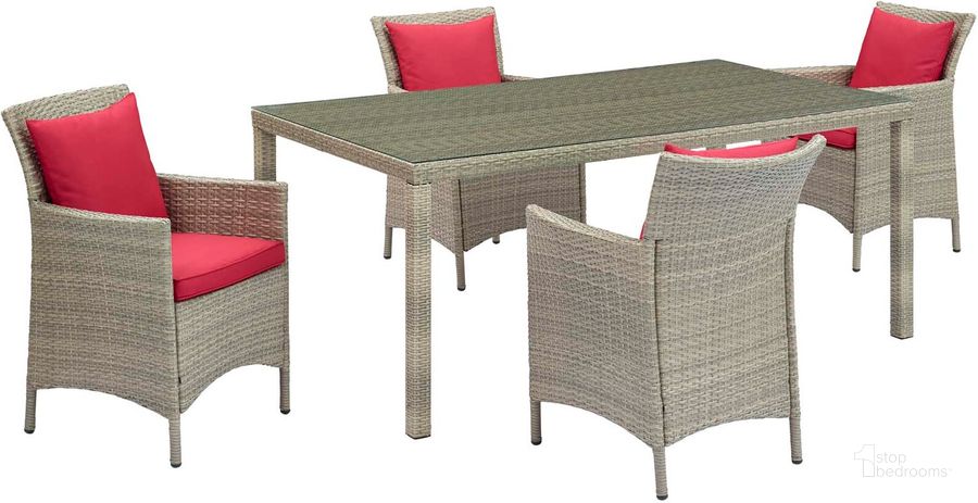 The appearance of Conduit Light Gray Red 5 Piece Outdoor Patio Wicker Rattan Dining Set designed by Modway in the modern / contemporary interior design. This light gray red piece of furniture  was selected by 1StopBedrooms from Conduit Collection to add a touch of cosiness and style into your home. Sku: EEI-3894-LGR-RED-SET. Table Base Style: Legs. Material: Rattan. Table Top Shape: Rectangular. Product Type: Outdoor Dining Set. Image1