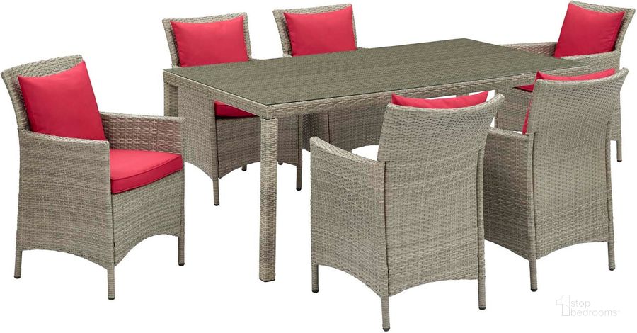 The appearance of Conduit Light Gray Red 7 Piece Outdoor Patio Wicker Rattan Dining Set designed by Modway in the modern / contemporary interior design. This light gray red piece of furniture  was selected by 1StopBedrooms from Conduit Collection to add a touch of cosiness and style into your home. Sku: EEI-4015-LGR-RED-SET. Table Base Style: Legs. Material: Rattan. Table Top Shape: Rectangular. Product Type: Outdoor Dining Set. Image1