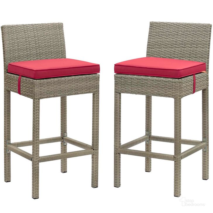 The appearance of Conduit Bar Stool Outdoor Patio Wicker Rattan Set of 2 In Light Gray Red designed by Modway in the modern / contemporary interior design. This light gray red piece of furniture  was selected by 1StopBedrooms from Conduit Collection to add a touch of cosiness and style into your home. Sku: EEI-3604-LGR-RED. Material: Rattan. Product Type: Outdoor Bar Furniture. Image1